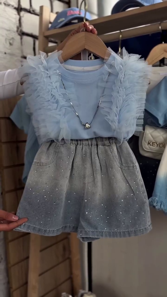 Luxury Kids Sky Blue Striped Three-Piece Summer Outfit with Heart Crossbody Bag ππ€πβ¨