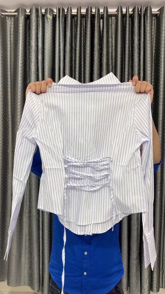 Premium Elegant Sky Blue Vertical Stripe Cinched Waist Long Sleeve Button-Down Fashion Shirt for Women πβ¨ππΈ