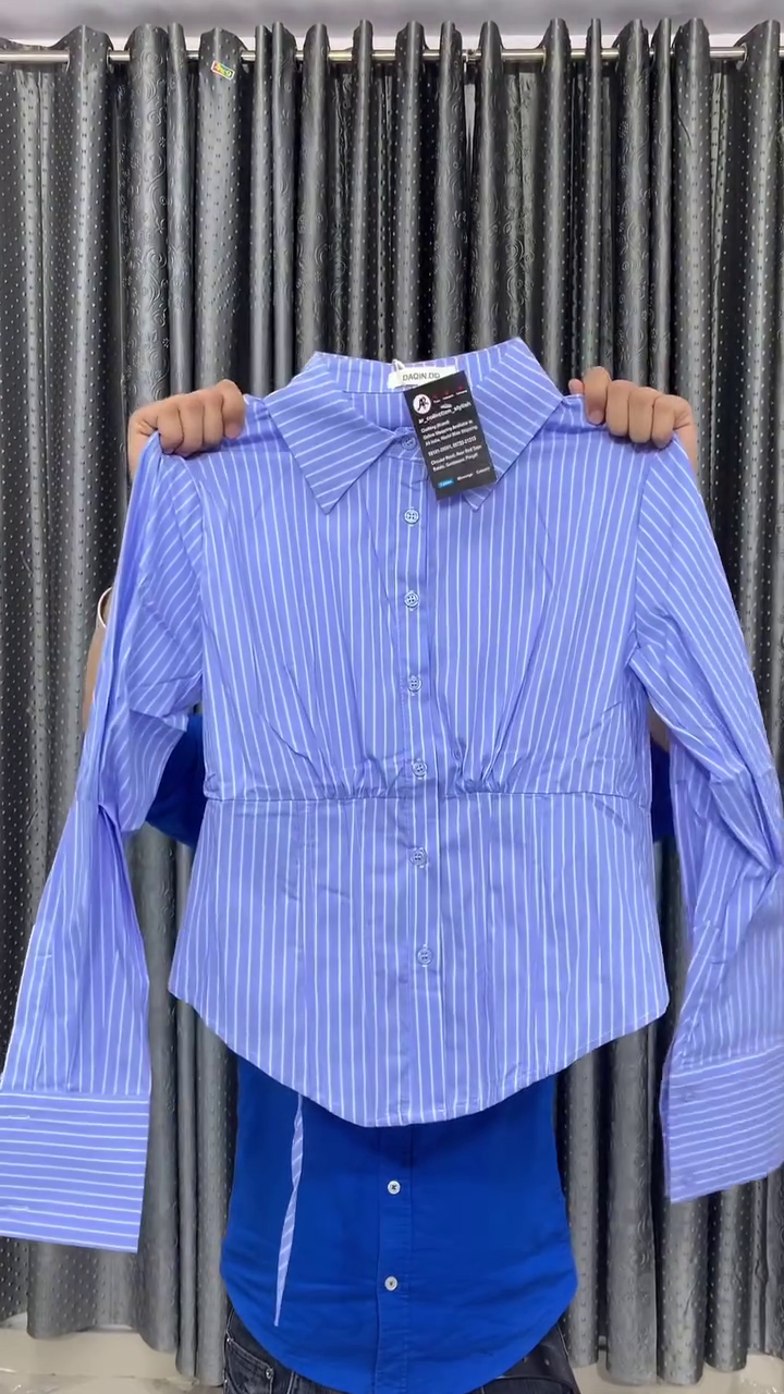 Premium Elegant Sky Blue Vertical Stripe Cinched Waist Long Sleeve Button-Down Fashion Shirt for Women πβ¨ππΈ