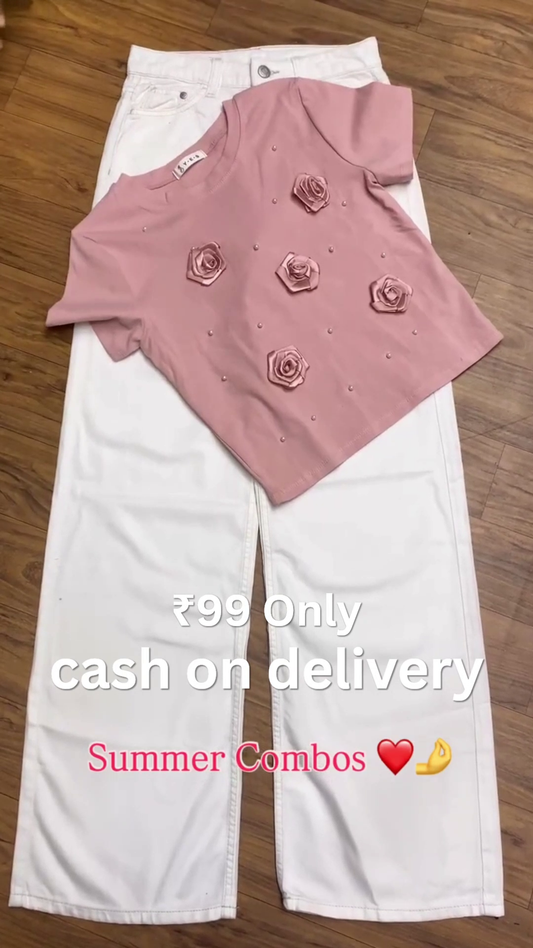 🖤 Floral Charm Summer Combo Set – Elegant Embroidered Shirt & Denim Collection ✨👖🌸