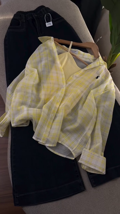 🌼 Sunshine Plaid Shirt & Dark Denim Wide-Leg Jeans Combo ✨👖💛