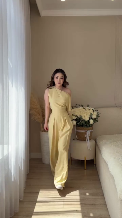 ✨ Elegant Beige One-Shoulder Premium Wide Leg Jumpsuit for Women 🤍🌸👗