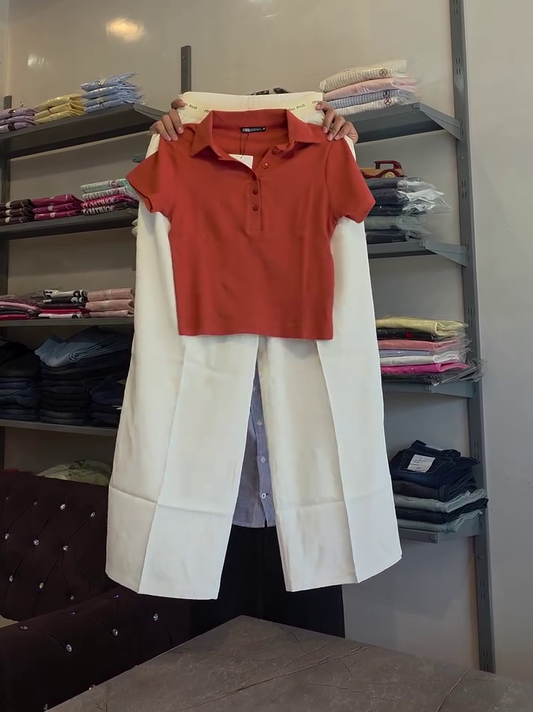 Premium Casual Rust Orange Polo Top & Elegant White Wide-Leg Trouser Co-Ord Set 🤍🧡✨