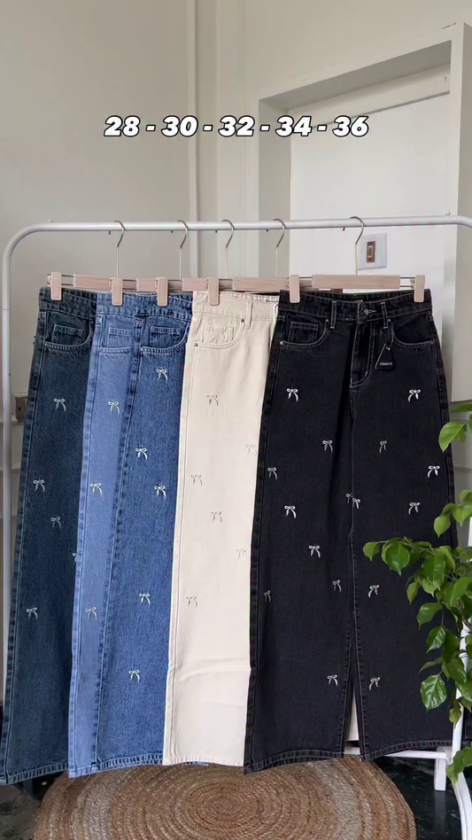 Elegant Bow Embroidered High-Waist Wide-Leg Denim Jeans Collection 👖🎀✨