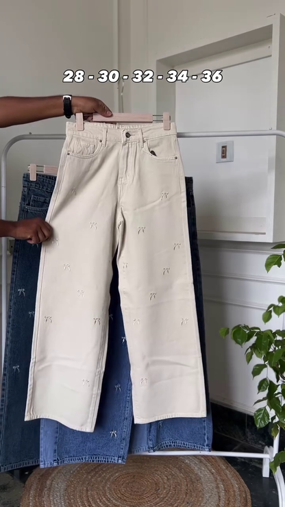 Elegant Bow Embroidered High-Waist Wide-Leg Denim Jeans Collection 👖🎀✨