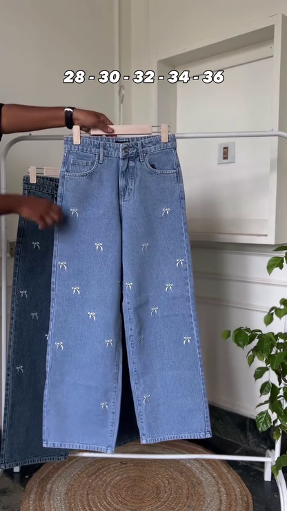 Elegant Bow Embroidered High-Waist Wide-Leg Denim Jeans Collection 👖🎀✨