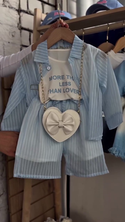 Luxury Kids Sky Blue Striped Three-Piece Summer Outfit with Heart Crossbody Bag 💙🤍🎀✨