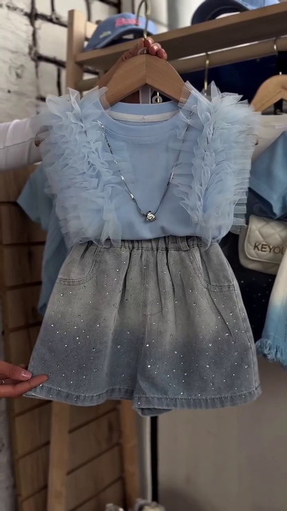 Luxury Kids Sky Blue Striped Three-Piece Summer Outfit with Heart Crossbody Bag 💙🤍🎀✨