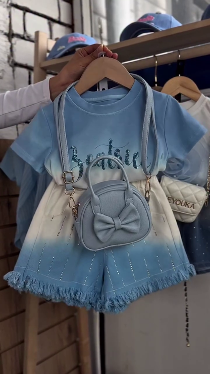Luxury Kids Sky Blue Striped Three-Piece Summer Outfit with Heart Crossbody Bag 💙🤍🎀✨