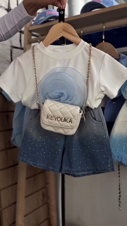 Luxury Kids Sky Blue Striped Three-Piece Summer Outfit with Heart Crossbody Bag 💙🤍🎀✨