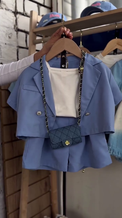 Luxury Kids Sky Blue Striped Three-Piece Summer Outfit with Heart Crossbody Bag 💙🤍🎀✨