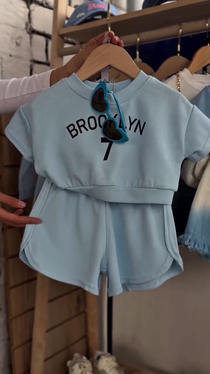 Luxury Kids Sky Blue Striped Three-Piece Summer Outfit with Heart Crossbody Bag 💙🤍🎀✨