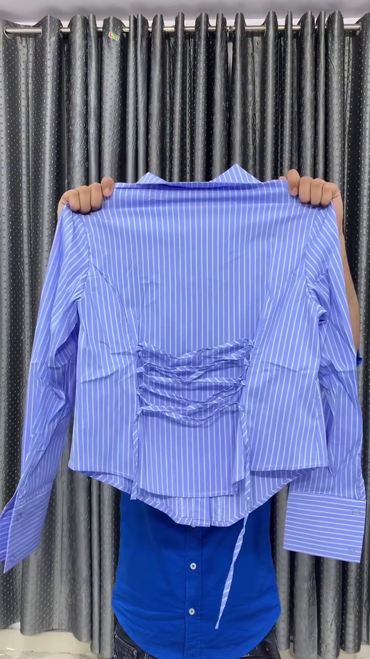 Premium Elegant Sky Blue Vertical Stripe Cinched Waist Long Sleeve Button-Down Fashion Shirt for Women 💙✨👔🌸