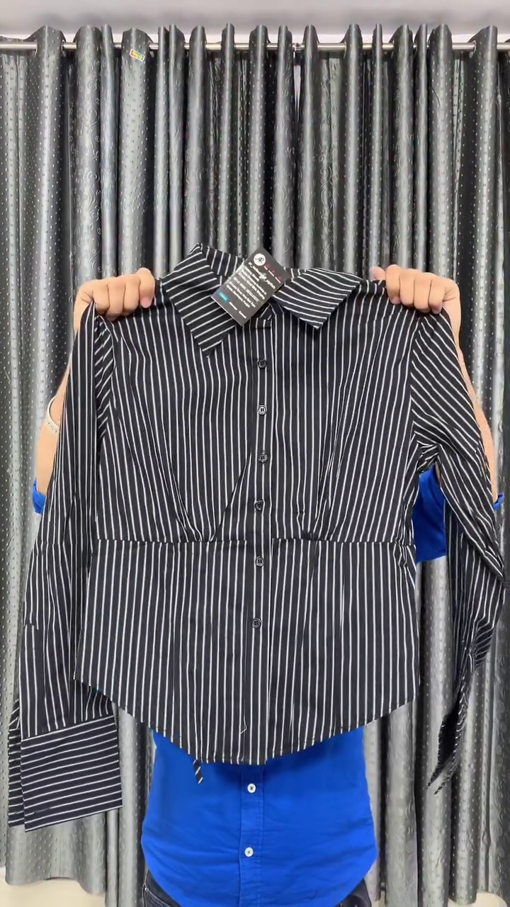 Premium Elegant Sky Blue Vertical Stripe Cinched Waist Long Sleeve Button-Down Fashion Shirt for Women 💙✨👔🌸