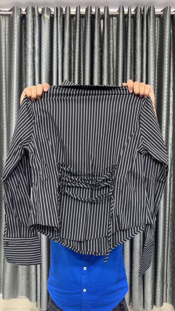 Premium Elegant Sky Blue Vertical Stripe Cinched Waist Long Sleeve Button-Down Fashion Shirt for Women 💙✨👔🌸