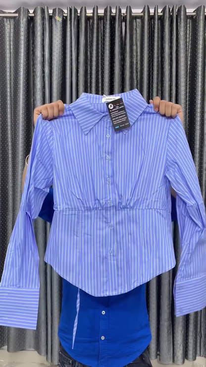 Premium Elegant Sky Blue Vertical Stripe Cinched Waist Long Sleeve Button-Down Fashion Shirt for Women 💙✨👔🌸