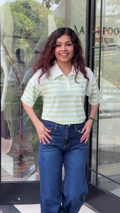 Soft Butter Yellow Striped Casual Polo Collar Half Sleeve Everyday Comfort Top 💛🤍✨🌼