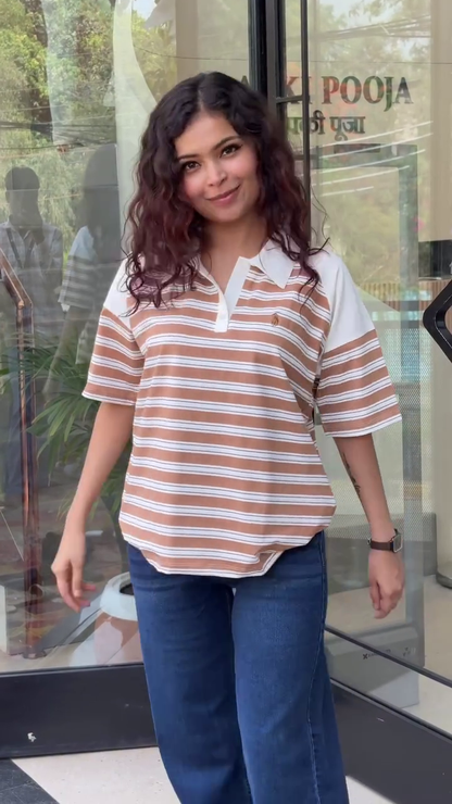 Soft Butter Yellow Striped Casual Polo Collar Half Sleeve Everyday Comfort Top 💛🤍✨🌼