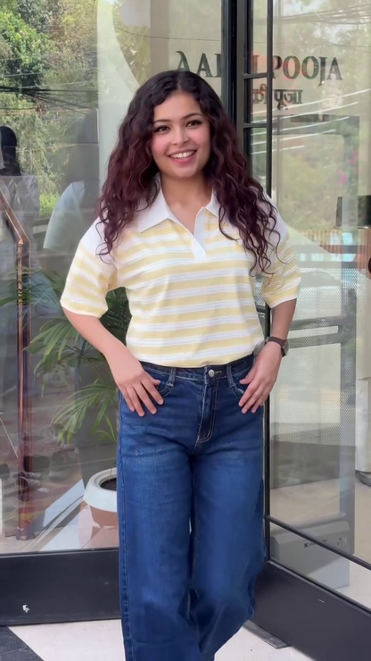 Soft Butter Yellow Striped Casual Polo Collar Half Sleeve Everyday Comfort Top 💛🤍✨🌼