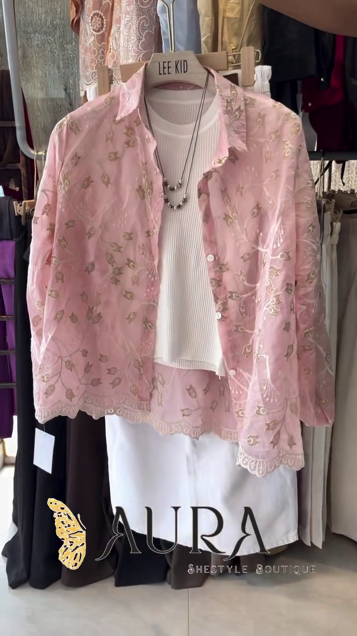 Luxury Blush Pink Floral Embroidered Sheer Overlay Three-Piece Women's Fashion Ensemble 🌸💗✨🦋