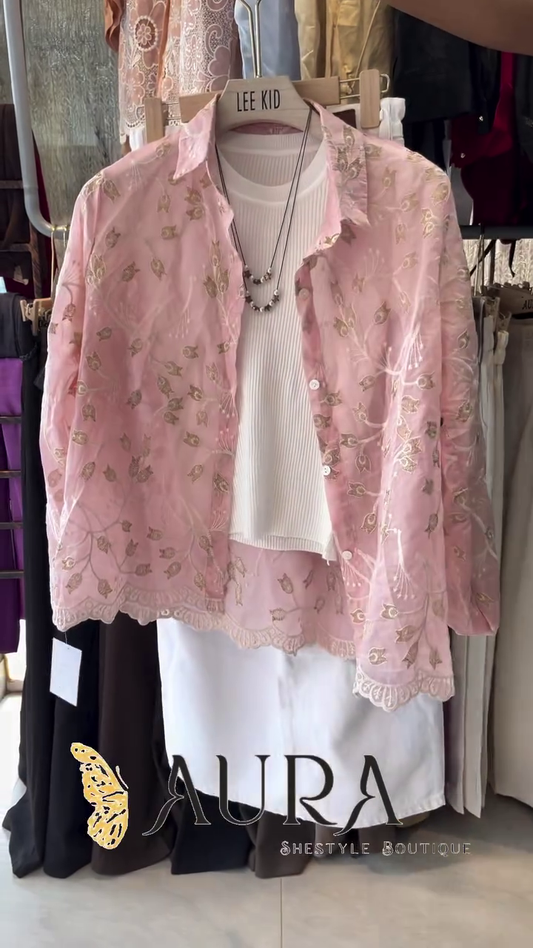 Luxury Blush Pink Floral Embroidered Sheer Overlay Three-Piece Women's Fashion Ensemble 🌸💗✨🦋