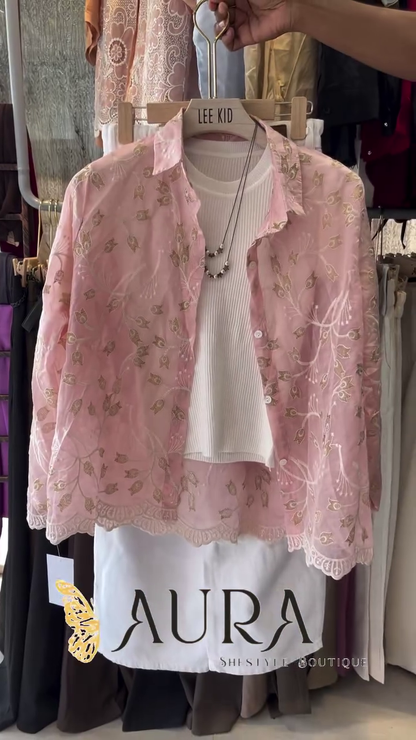 Luxury Blush Pink Floral Embroidered Sheer Overlay Three-Piece Women's Fashion Ensemble 🌸💗✨🦋