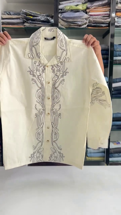 Premium Ivory Graphic Print Long Sleeve Statement Fashion Shirt with Artistic Monochrome Design 🤍🖤✨🌟