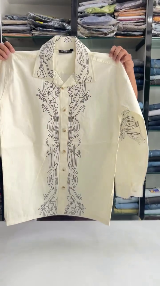 Premium Ivory Graphic Print Long Sleeve Statement Fashion Shirt with Artistic Monochrome Design 🤍🖤✨🌟
