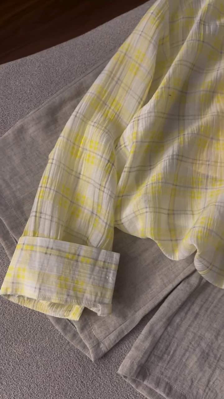 Premium Soft Pastel Yellow Plaid Relaxed-Fit Shirt & Linen Blend Wide-Leg Trouser Two-Piece Casual Elegance Co-Ord Set 💛🤍✨🌿 🌟 Product Description