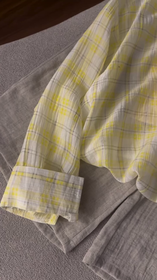 Premium Soft Pastel Yellow Plaid Relaxed-Fit Shirt & Linen Blend Wide-Leg Trouser Two-Piece Casual Elegance Co-Ord Set 💛🤍✨🌿 🌟 Product Description