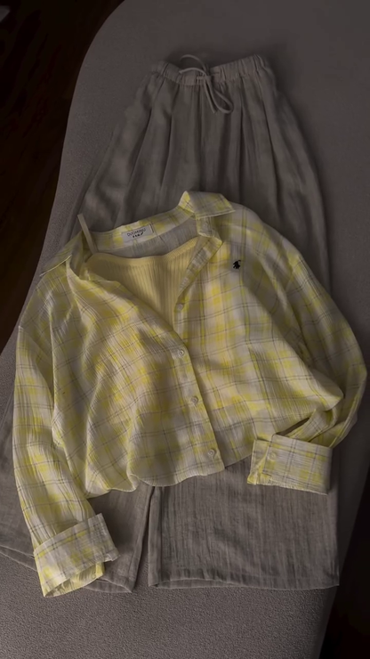 Premium Soft Pastel Yellow Plaid Relaxed-Fit Shirt & Linen Blend Wide-Leg Trouser Two-Piece Casual Elegance Co-Ord Set 💛🤍✨🌿 🌟 Product Description