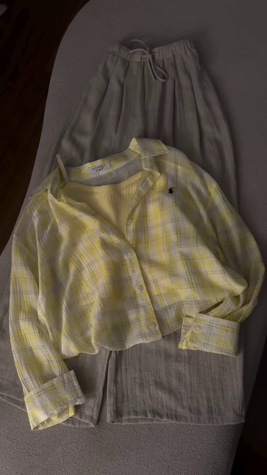 Premium Soft Pastel Yellow Plaid Relaxed-Fit Shirt & Linen Blend Wide-Leg Trouser Two-Piece Casual Elegance Co-Ord Set 💛🤍✨🌿 🌟 Product Description