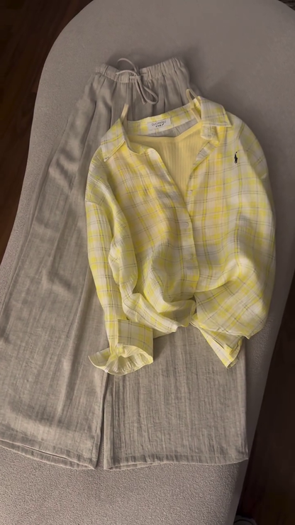 Premium Soft Pastel Yellow Plaid Relaxed-Fit Shirt & Linen Blend Wide-Leg Trouser Two-Piece Casual Elegance Co-Ord Set 💛🤍✨🌿 🌟 Product Description