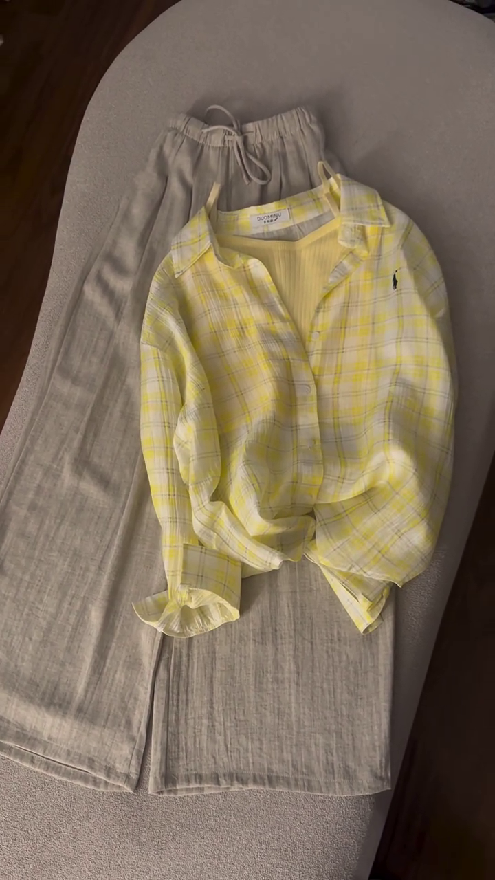 Premium Soft Pastel Yellow Plaid Relaxed-Fit Shirt & Linen Blend Wide-Leg Trouser Two-Piece Casual Elegance Co-Ord Set 💛🤍✨🌿 🌟 Product Description