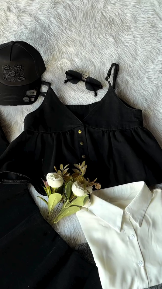 Modern Monochrome Chic Layered Fashion Ensemble with Asymmetrical Black Top, White Shirt & Premium Denim Bottom 👗🖤🤍✨