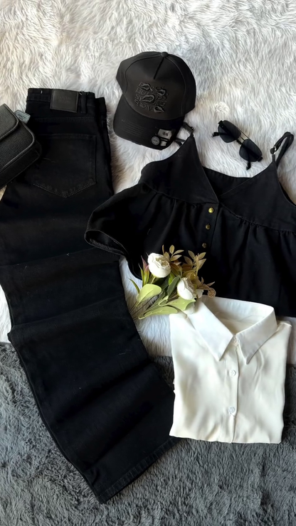 Modern Monochrome Chic Layered Fashion Ensemble with Asymmetrical Black Top, White Shirt & Premium Denim Bottom 👗🖤🤍✨