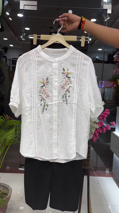 Elegant White Floral Embroidered Button-Front Short Sleeve Tunic Top & Relaxed Wide-Leg Bottom Co-Ord Set 🤍🌸✨🦋
