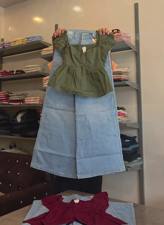 Premium Olive Green Ruffle Peplum Top & Light Wash A-Line Denim Maxi Skirt Fashion Co-Ord Set 💚👗💙✨