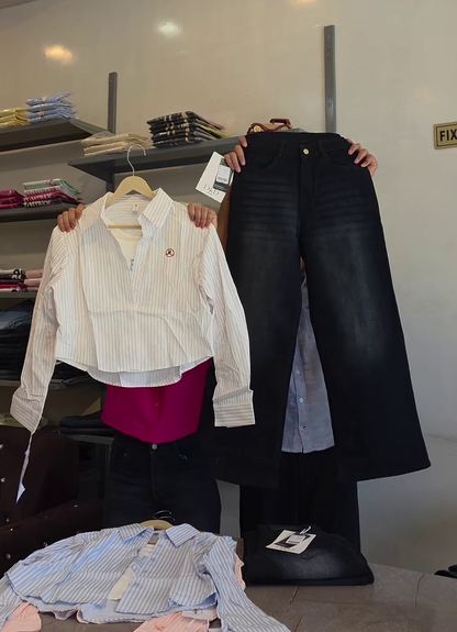 ✨ Urban Chic Layered Shirt & Wide-Leg Denim Combo ✨🤍👖