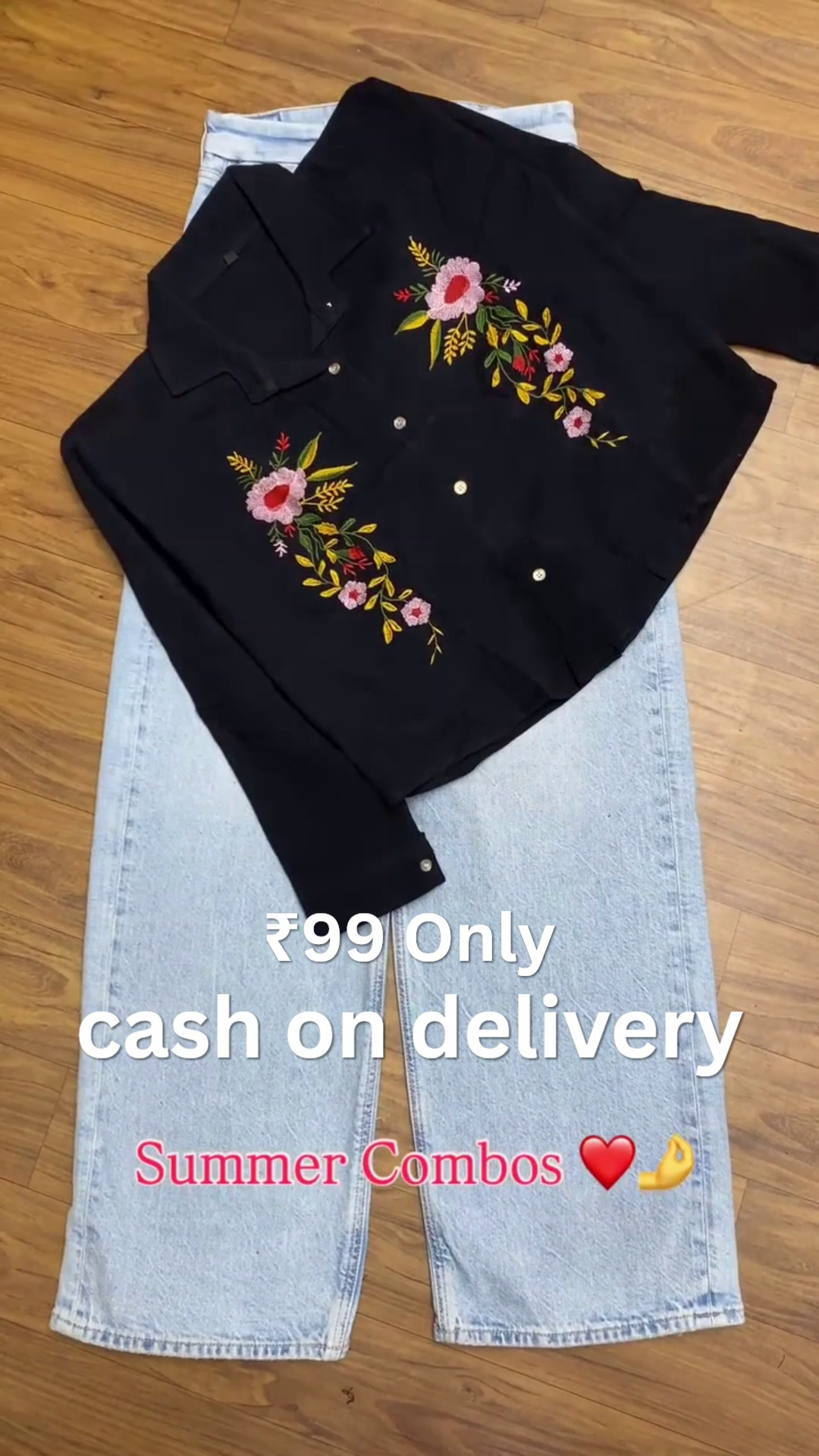 🖤 Floral Charm Summer Combo Set – Elegant Embroidered Shirt & Denim Collection ✨👖🌸
