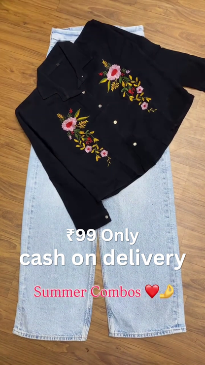 🖤 Floral Charm Summer Combo Set – Elegant Embroidered Shirt & Denim Collection ✨👖🌸