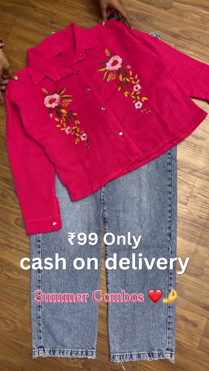 🖤 Floral Charm Summer Combo Set – Elegant Embroidered Shirt & Denim Collection ✨👖🌸