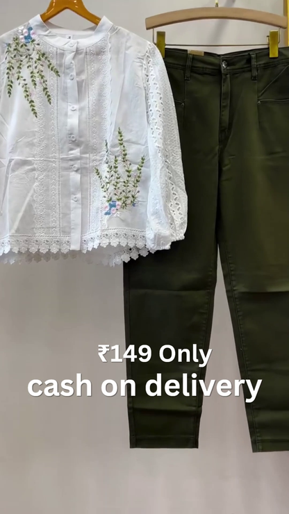 🤍 Elegant Floral Lace Shirt & Premium Trouser Combo 🌿✨ | Chic Everyday Fashion Collection 👖💫