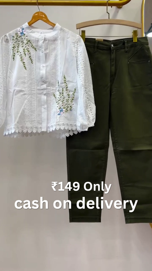 🤍 Elegant Floral Lace Shirt & Premium Trouser Combo 🌿✨ | Chic Everyday Fashion Collection 👖💫
