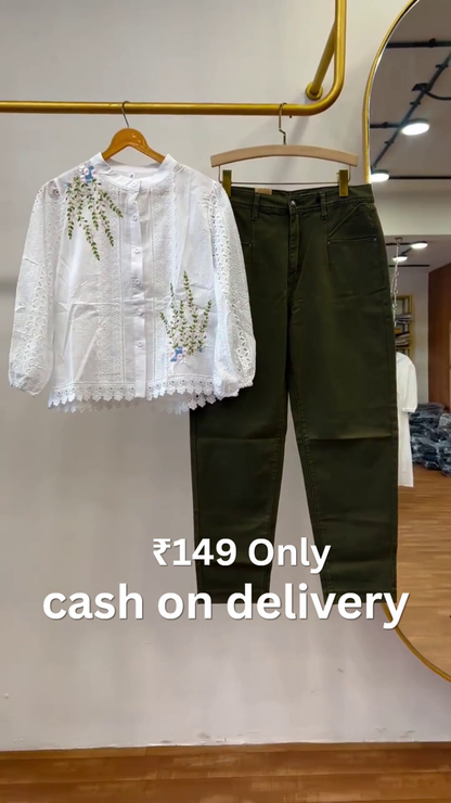 🤍 Elegant Floral Lace Shirt & Premium Trouser Combo 🌿✨ | Chic Everyday Fashion Collection 👖💫
