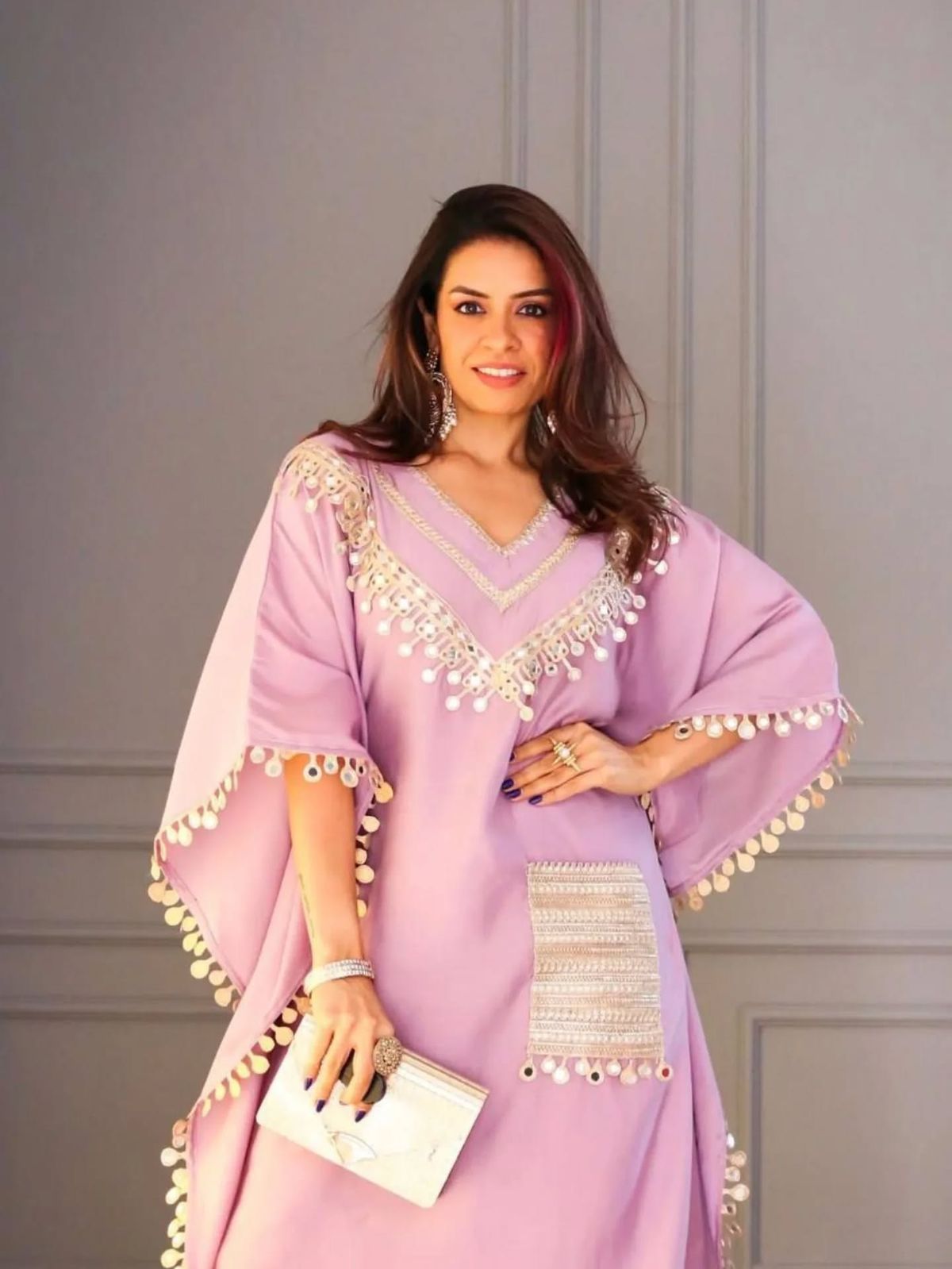 Simar Lavender Embroidered Kaftan Set