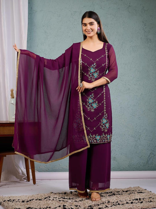 Women Georgette Kurta Palazzo Dupatta Set With Sequien Work