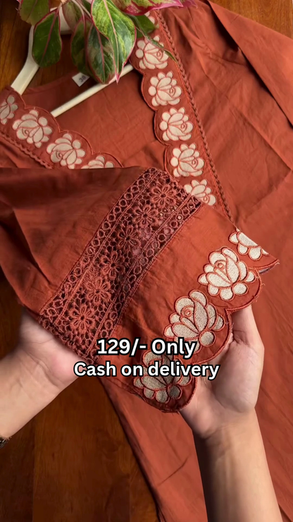 ✨ Rust Bloom Embroidered Kurti ✨