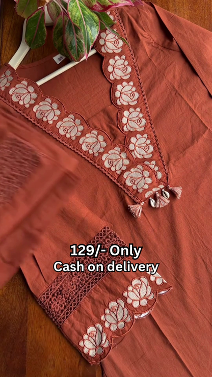 ✨ Rust Bloom Embroidered Kurti ✨